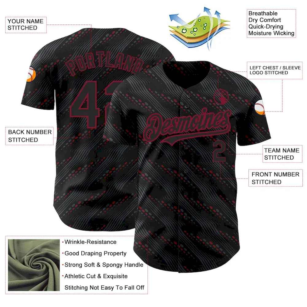 Custom Black Crimson 3D Pattern Design Slant Lines Authentic Baseball Jersey - Image 3