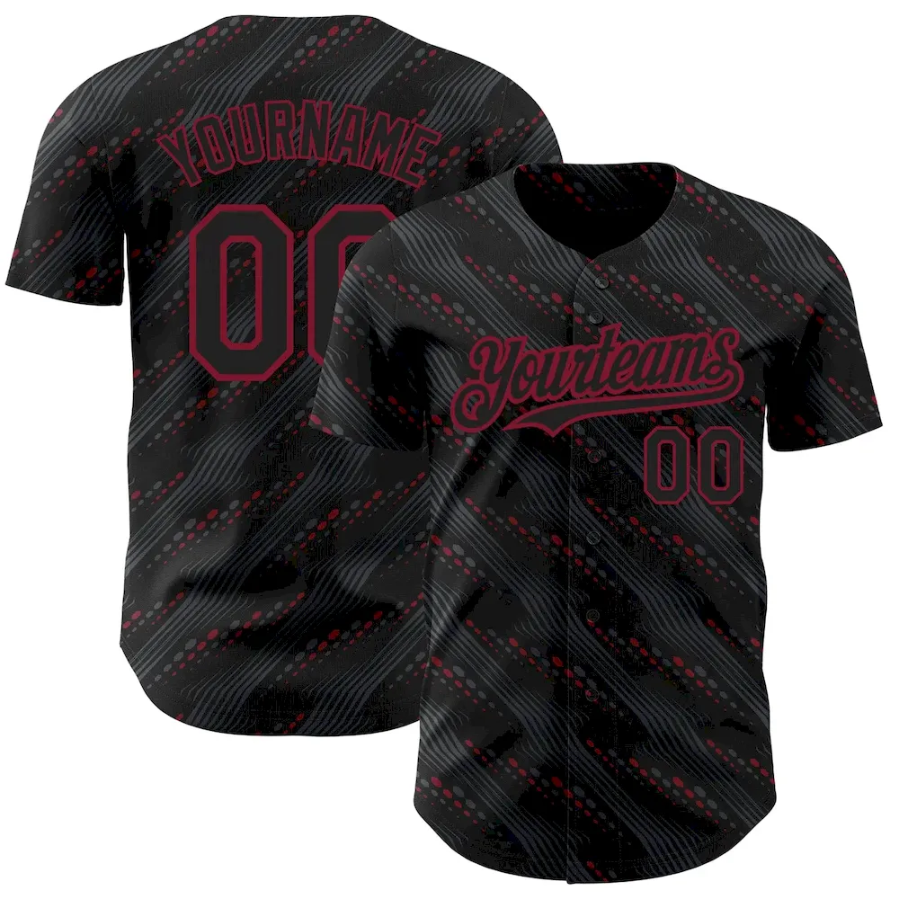 Custom Black Crimson 3D Pattern Design Slant Lines Authentic Baseball Jersey