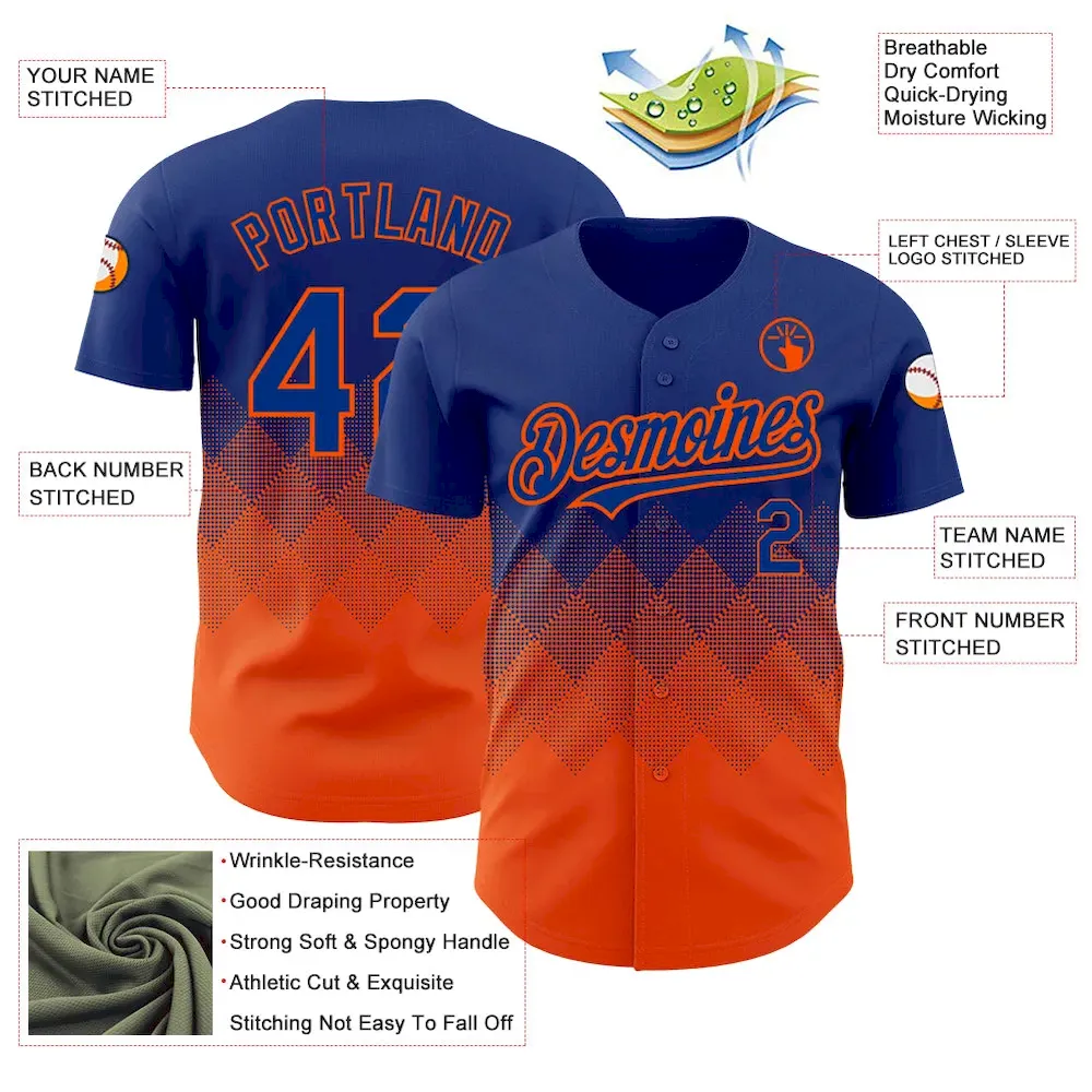 Custom Royal Orange 3D Pattern Design Gradient Square Shapes Authentic Baseball Jersey - Image 3
