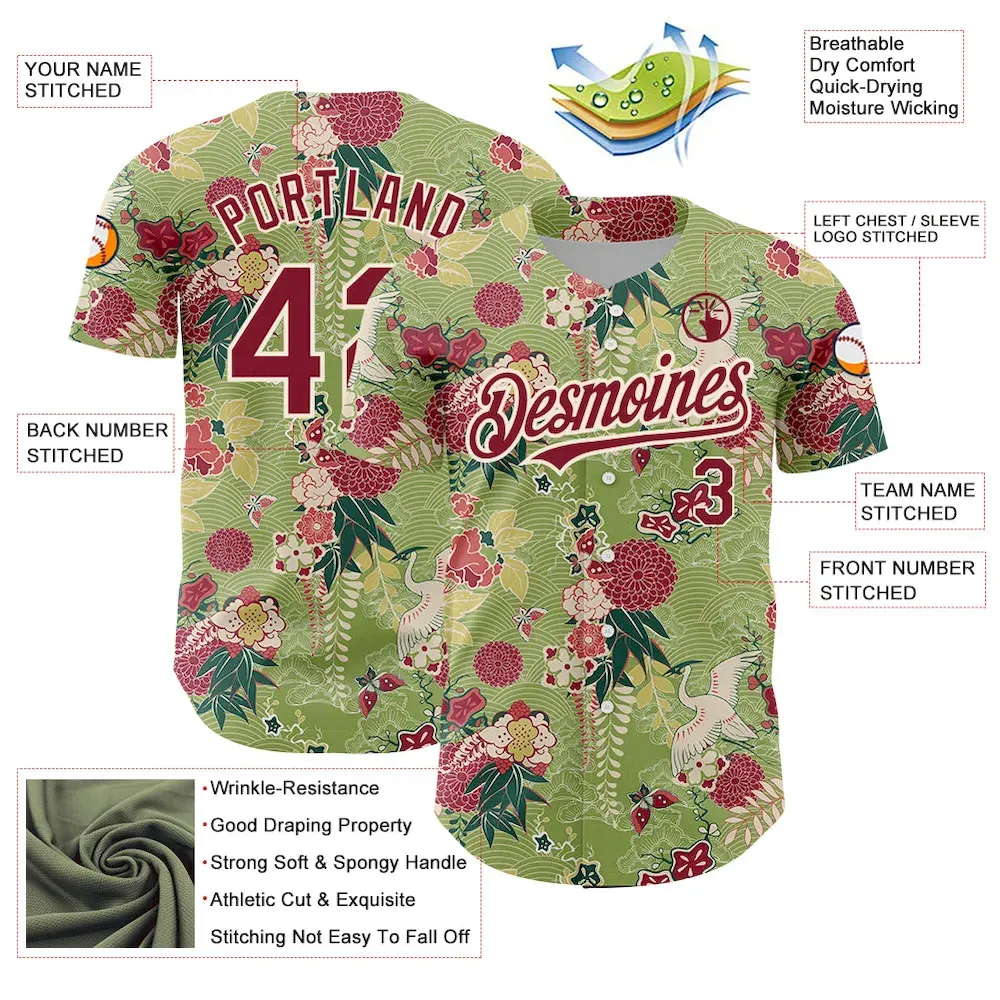 Custom Green Crimson-Cream 3D Pattern Design Northeast China Big Flower And Crane Authentic Baseball Jersey - Image 3