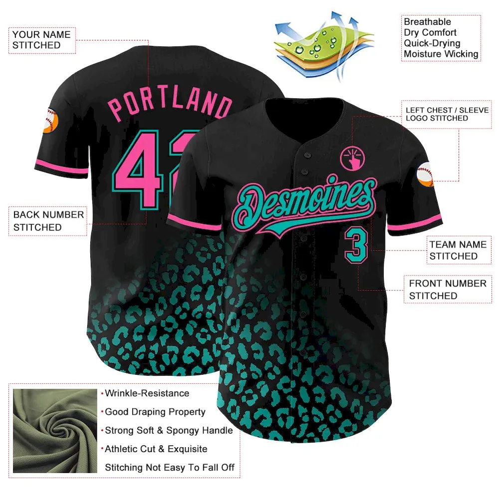 Custom Black Pink-Aqua 3D Pattern Design Leopard Print Fade Fashion Authentic Baseball Jersey - Image 3