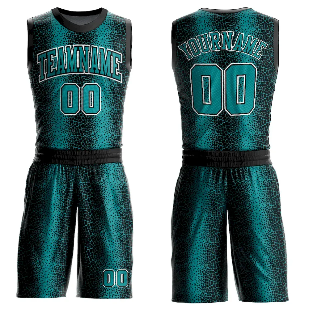 Custom Black Teal-White Animal Fur Print Round Neck Sublimation Basketball Suit Jersey
