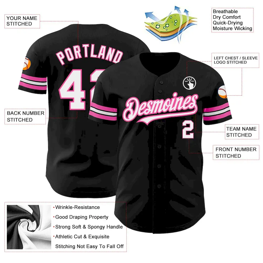 Custom Black White-Pink Authentic Baseball Jersey - Image 3