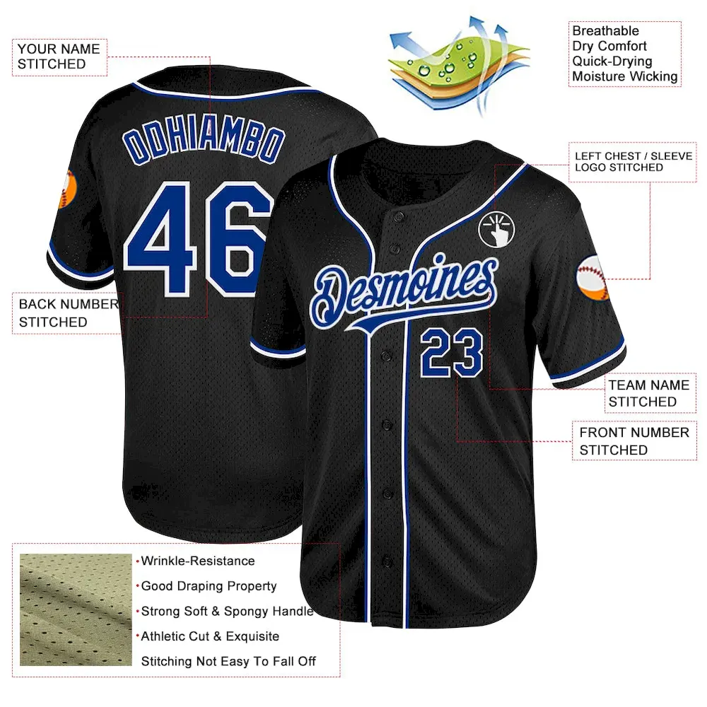Custom Black Royal-White Mesh Authentic Throwback Baseball Jersey - Image 3