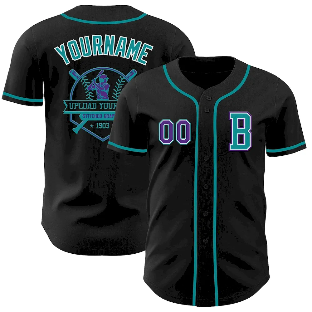 Custom Black Purple-Teal Authentic Baseball Jersey - Image 5