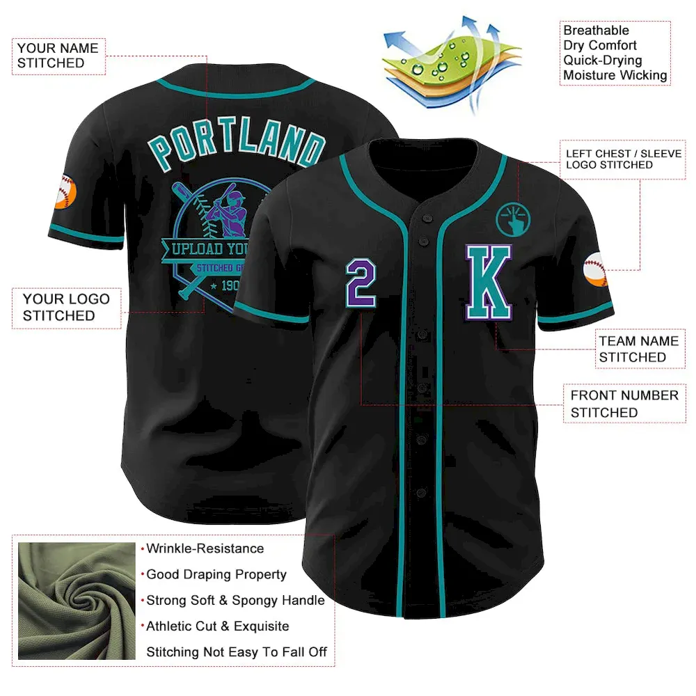 Custom Black Purple-Teal Authentic Baseball Jersey - Image 6