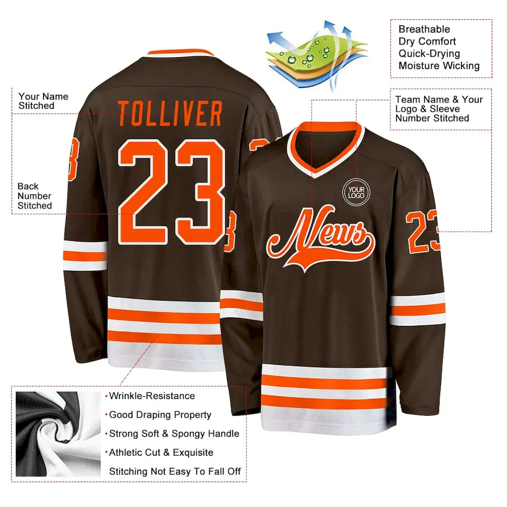 Custom Brown Orange-White Hockey Jersey - Image 3