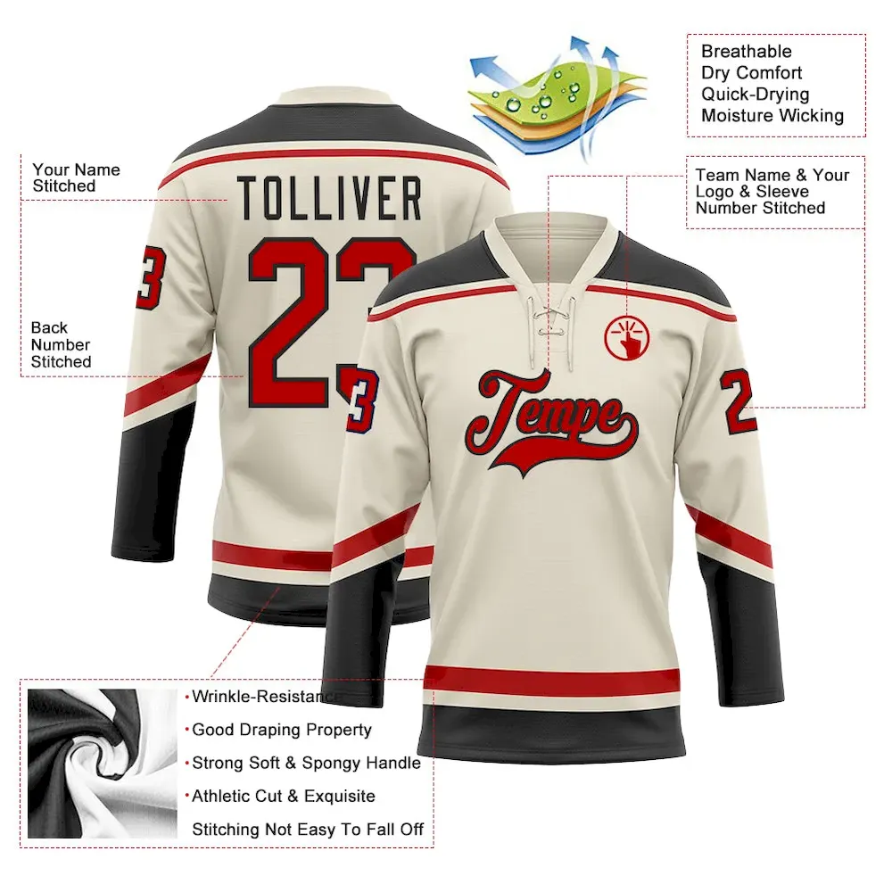 Custom Cream Red-Black Hockey Lace Neck Jersey - Image 3