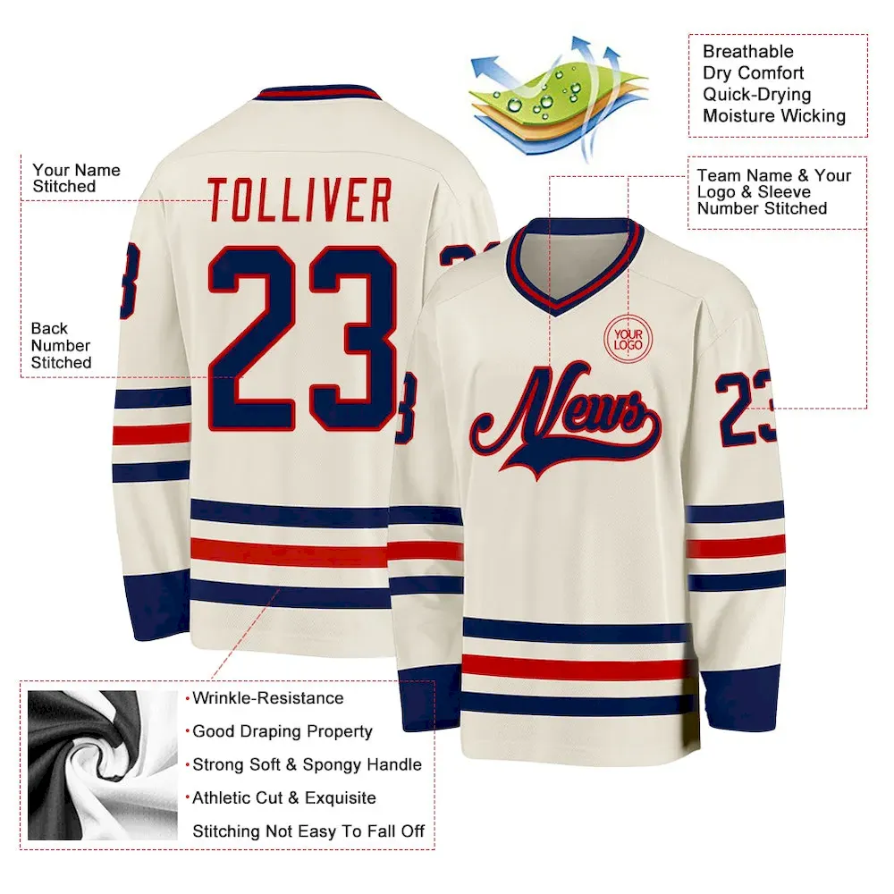 Custom Cream Navy-Red Hockey Jersey - Image 3