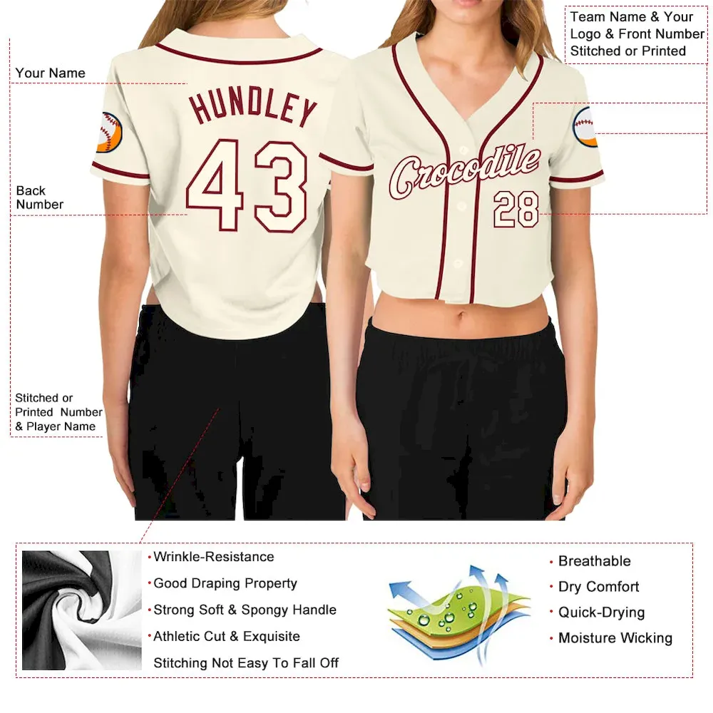 Custom Women's Cream Cream-Crimson V-Neck Cropped Baseball Jersey - Image 3