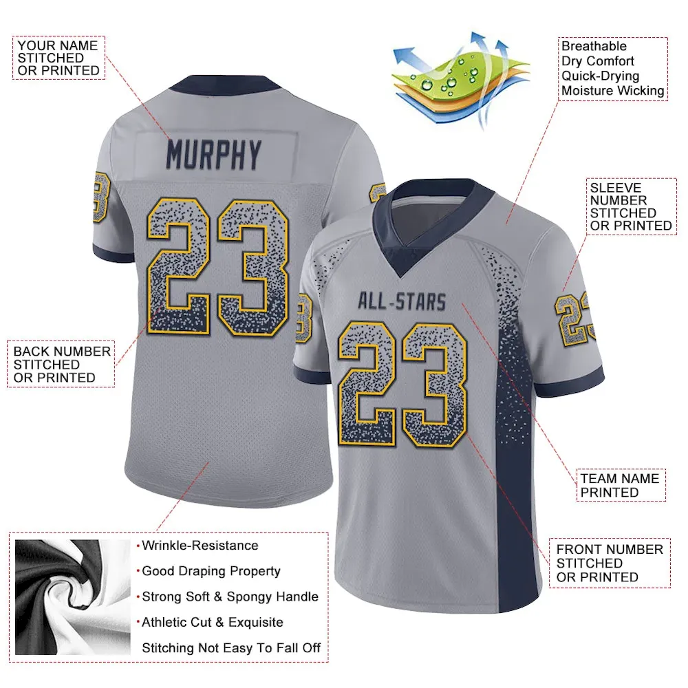 Custom Gray Navy-Gold Mesh Drift Fashion Football Jersey - Image 3