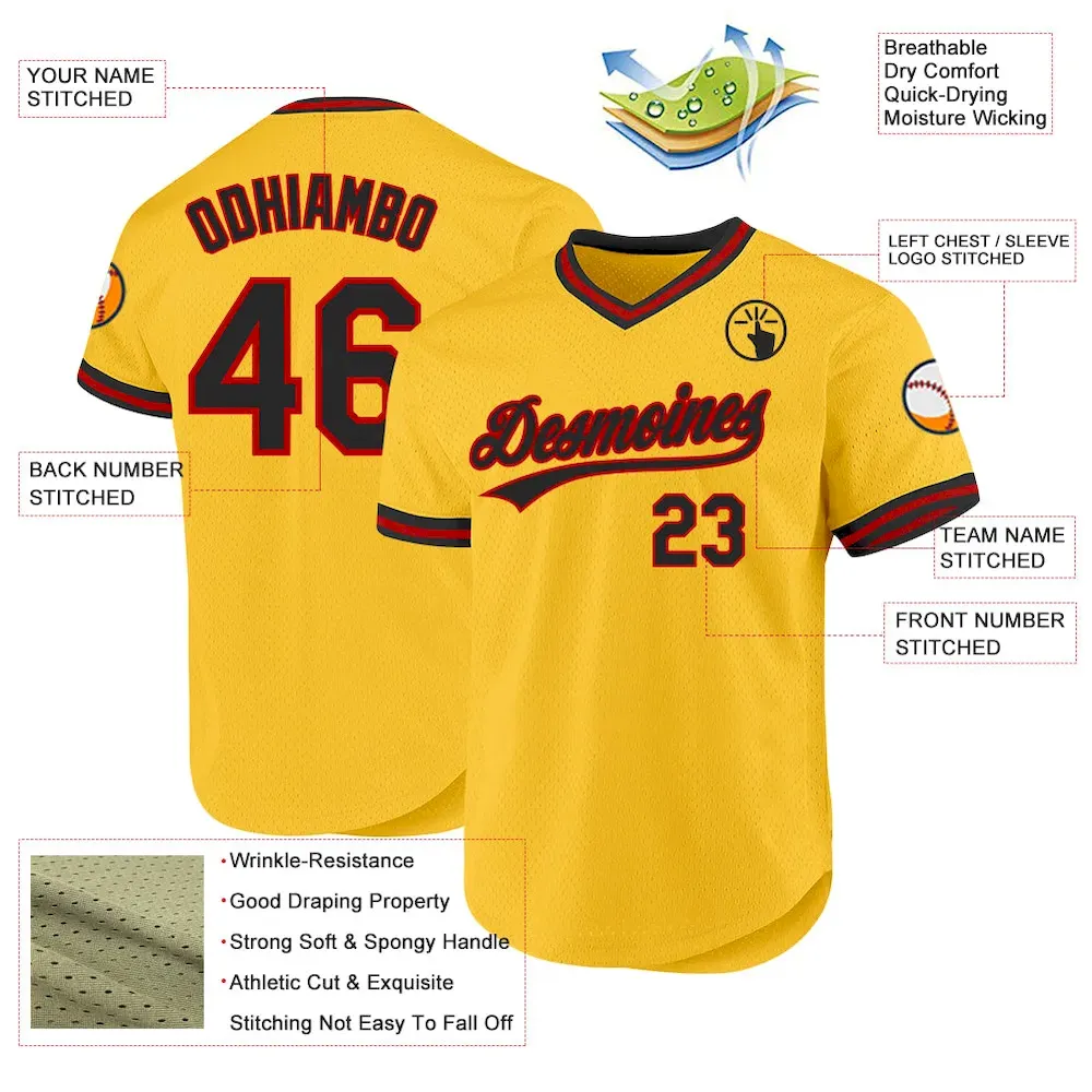 Custom Gold Black-Red Authentic Throwback Baseball Jersey - Image 3