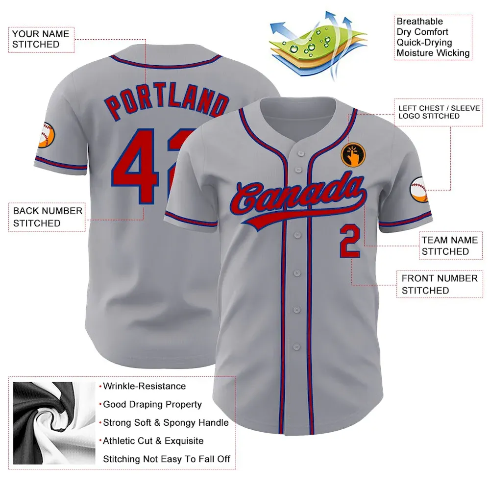 Custom Gray Red-Royal Authentic Baseball Jersey - Image 3