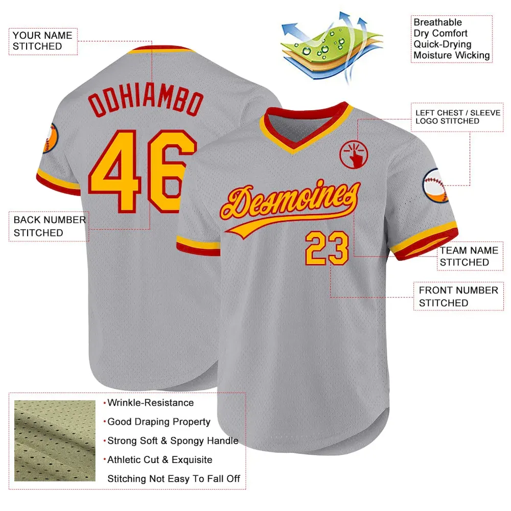 Custom Gray Gold-Red Authentic Throwback Baseball Jersey - Image 3