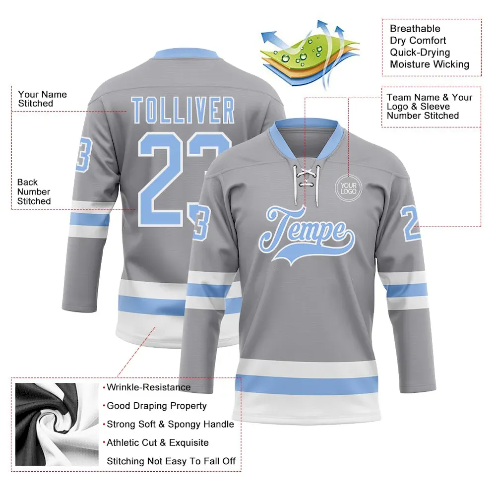 Custom Gray Light Blue-White Hockey Lace Neck Jersey - Image 3