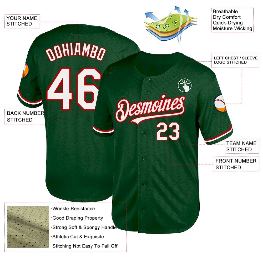 Custom Green White-Red Mesh Authentic Throwback Baseball Jersey - Image 3