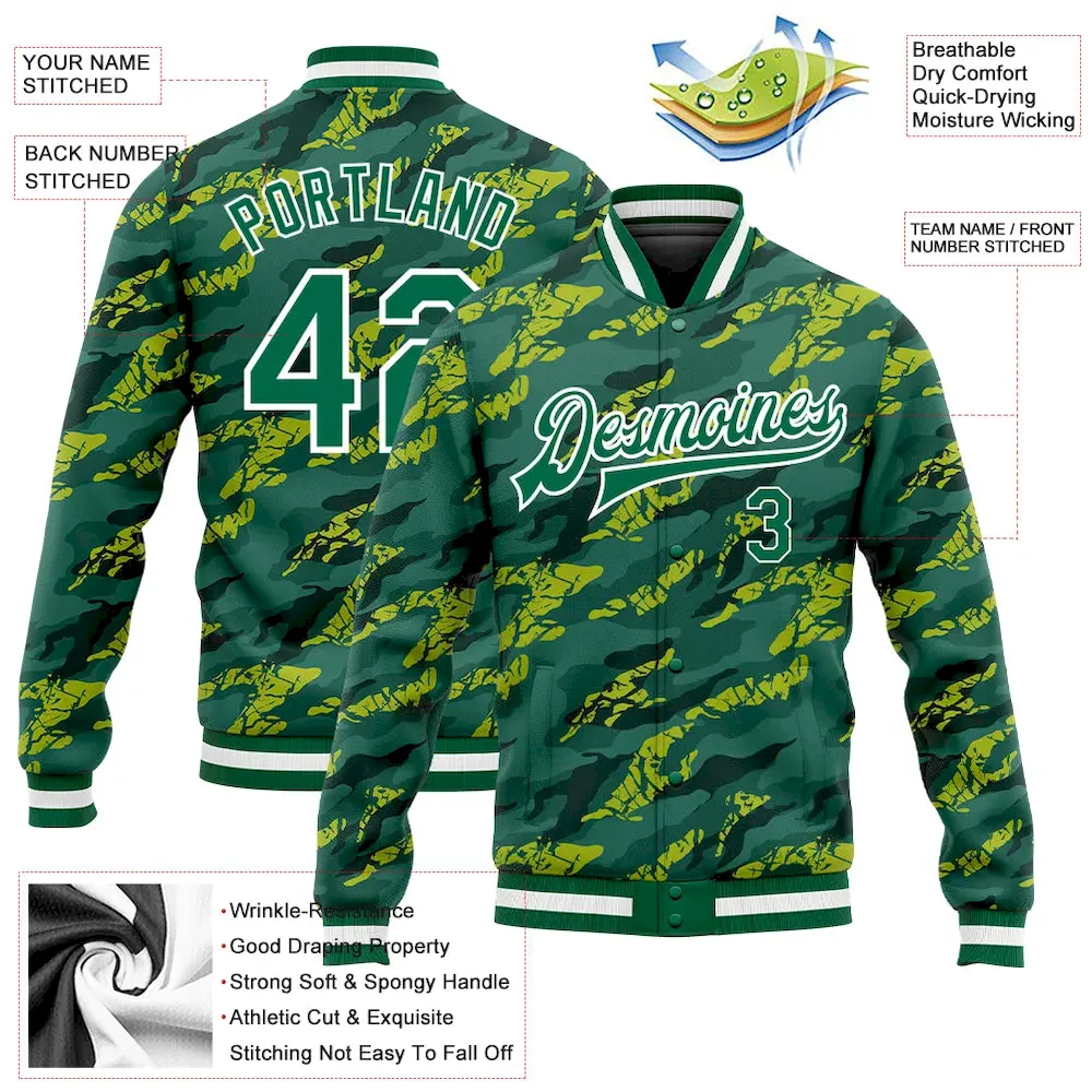 Custom Green Kelly Green-White 3D Pattern Design Bomber Full-Snap Varsity Letterman Jacket - Image 3