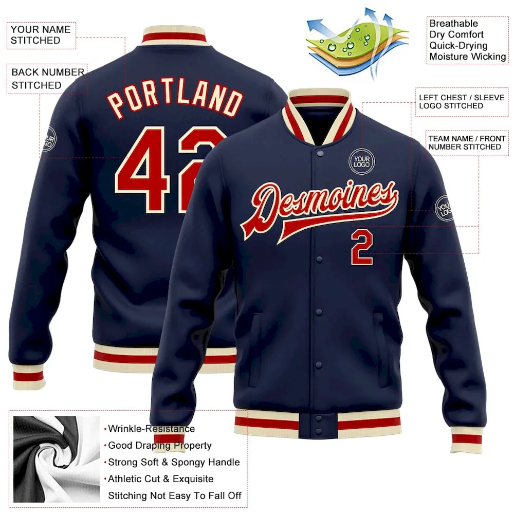 Custom Navy Red-Cream Bomber Full-Snap Varsity Letterman Jacket - Image 3