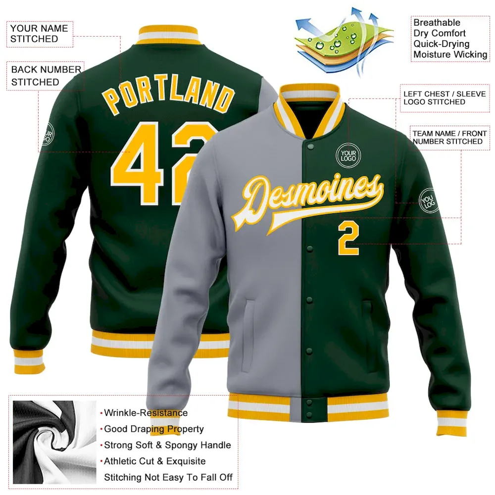 Custom Green Gold-Gray Bomber Full-Snap Varsity Letterman Split Fashion Jacket - Image 3
