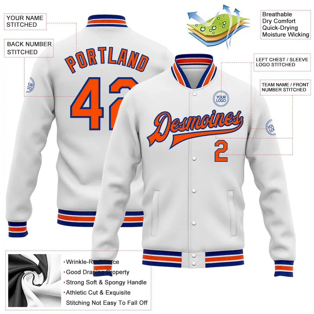 Custom White Orange-Royal Bomber Full-Snap Varsity Letterman Jacket - Image 3