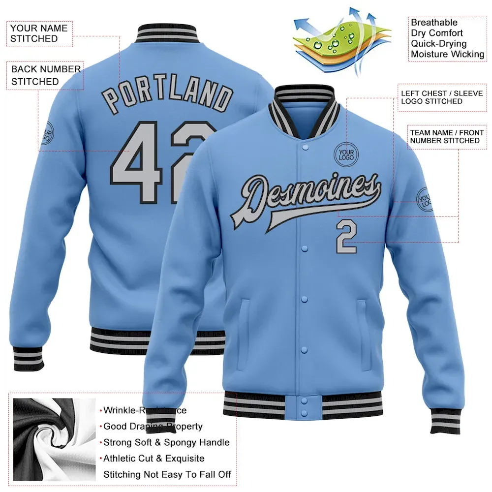 Custom Light Blue Gray-Black Bomber Full-Snap Varsity Letterman Jacket - Image 3