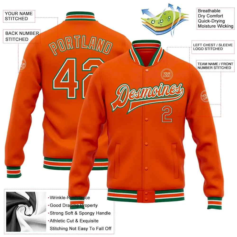 Custom Orange White-Kelly Green Bomber Full-Snap Varsity Letterman Jacket - Image 3
