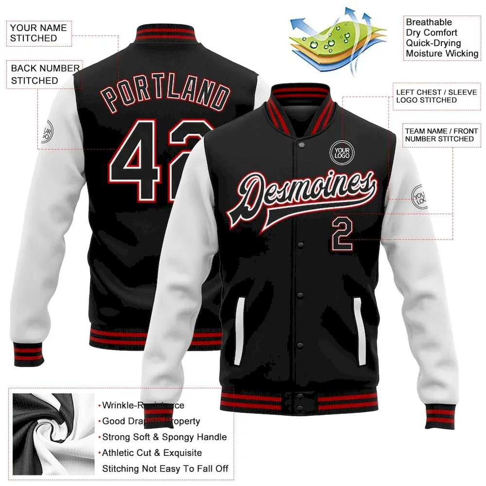Custom Black White-Red Bomber Full-Snap Varsity Letterman Two Tone Jacket - Image 3