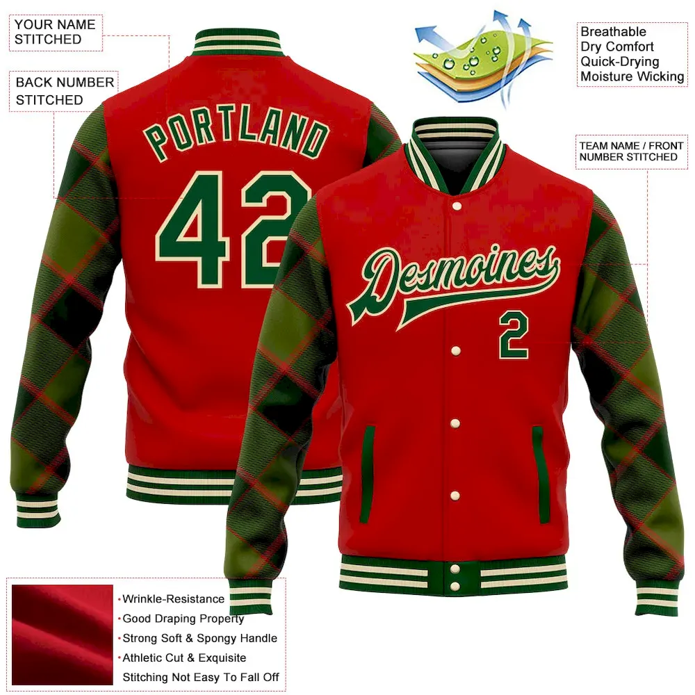 Custom Red Green-Cream Check Board 3D Pattern Design Bomber Full-Snap Varsity Letterman Jacket - Image 5
