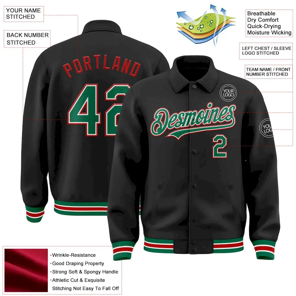 Custom Black Kelly Green-Red Bomber Full-Snap Varsity Letterman Lapel Collar Byron Jacket - Image 3