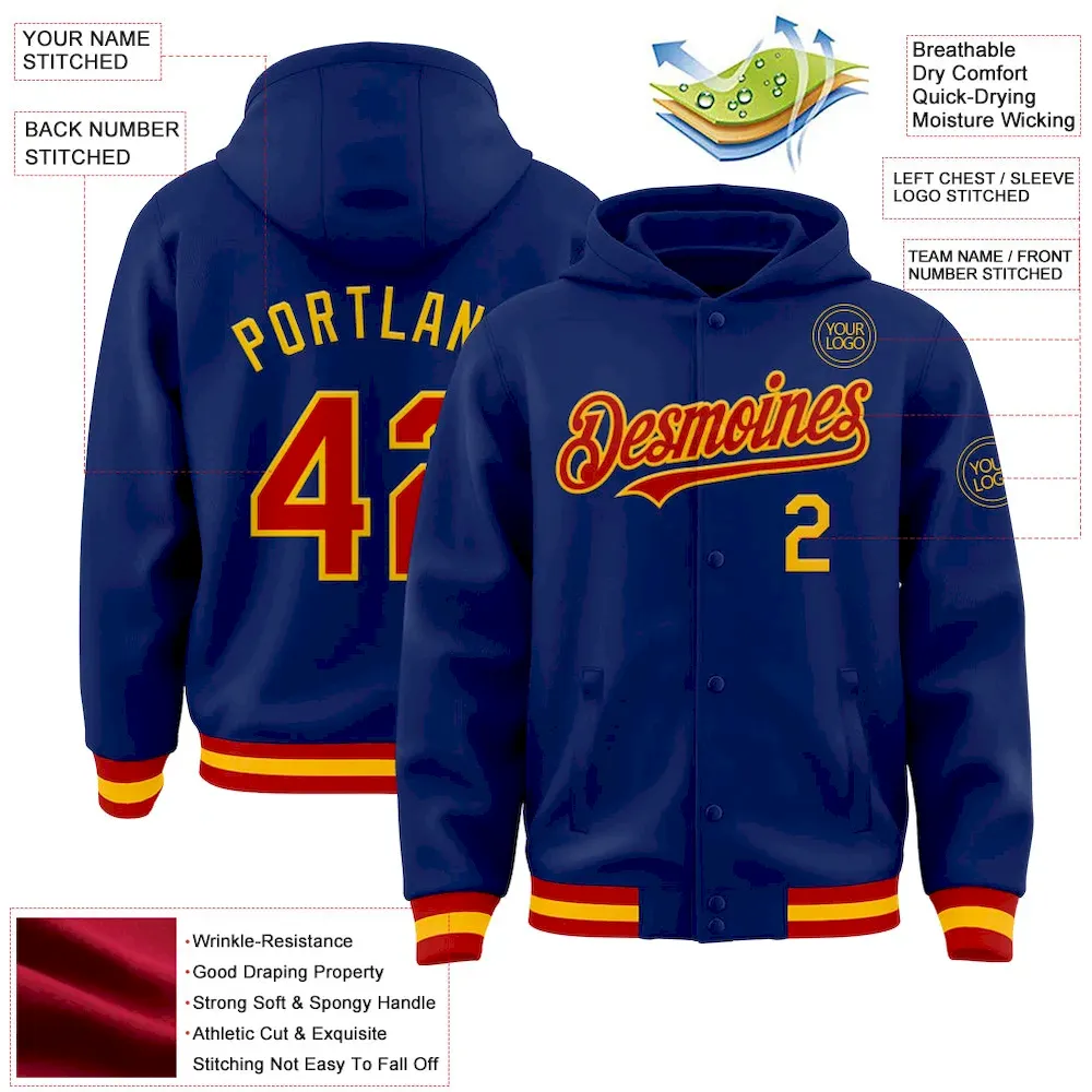 Custom Royal Red-Gold Bomber Full-Snap Varsity Letterman Hoodie Jacket - Image 3
