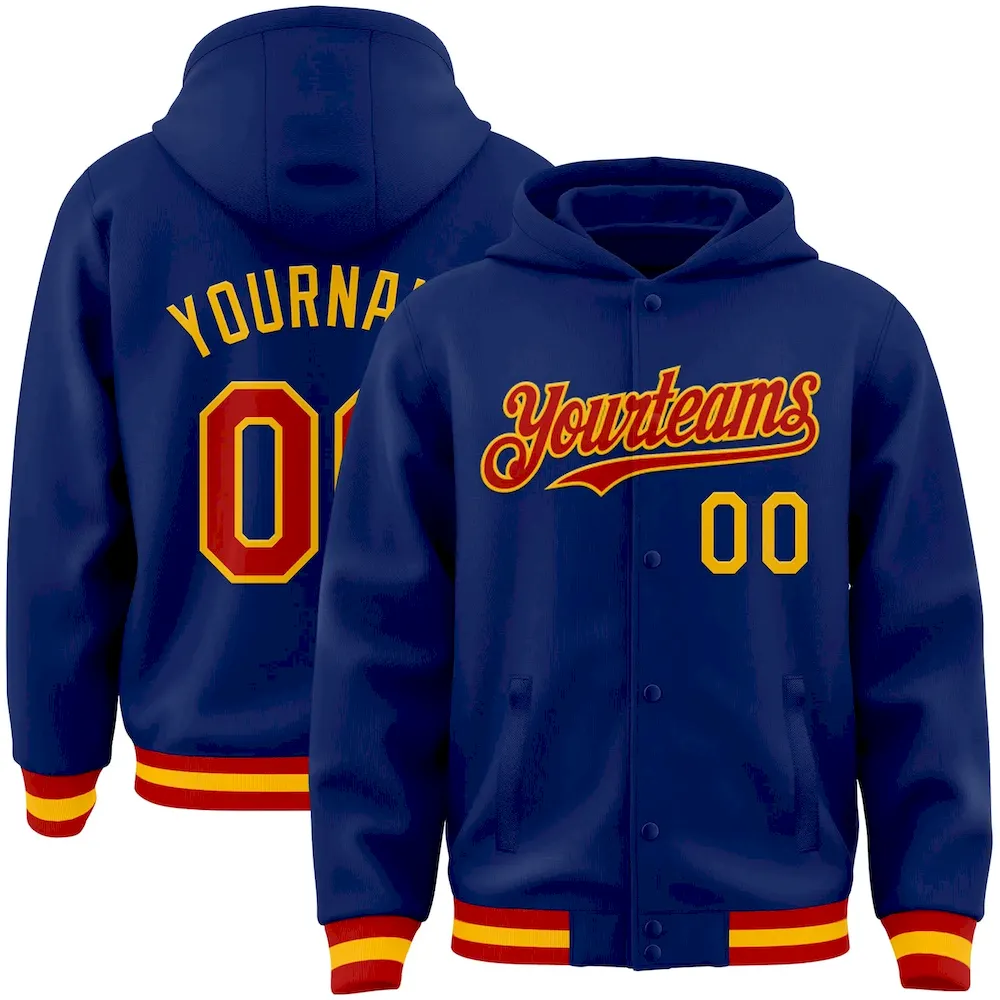 Custom Royal Red-Gold Bomber Full-Snap Varsity Letterman Hoodie Jacket