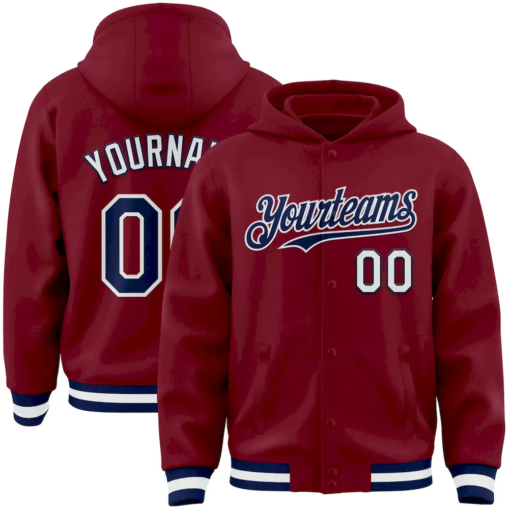 Custom Crimson Navy-White Bomber Full-Snap Varsity Letterman Hoodie Jacket