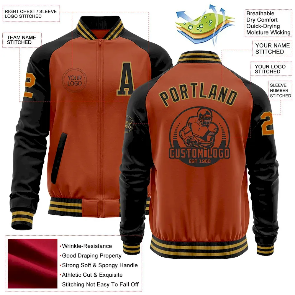 Custom Texas Orange Old Gold-Black Bomber Varsity Letterman Two Tone Zipper Jacket - Image 3