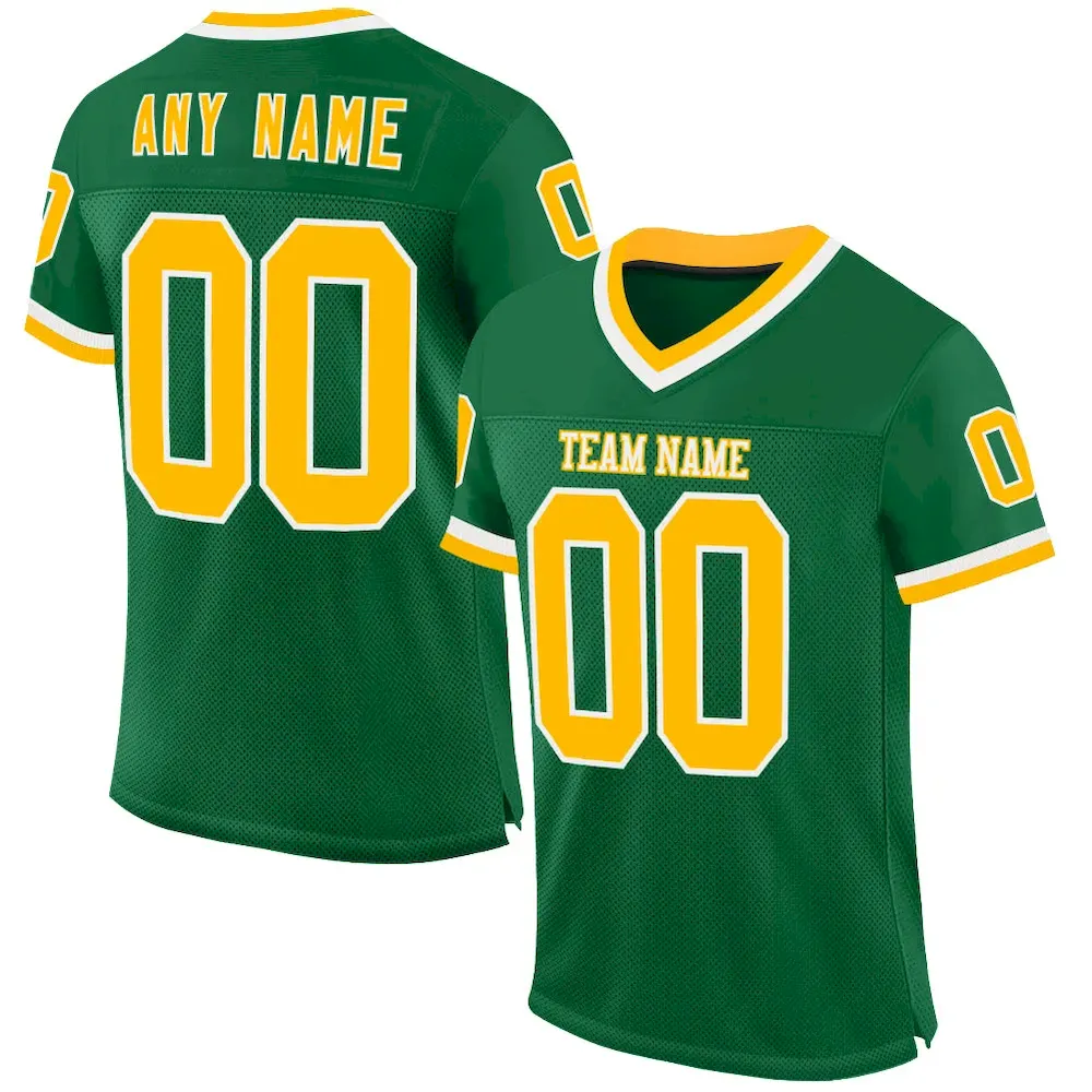 Custom Kelly Green Gold-White Mesh Authentic Throwback Football Jersey