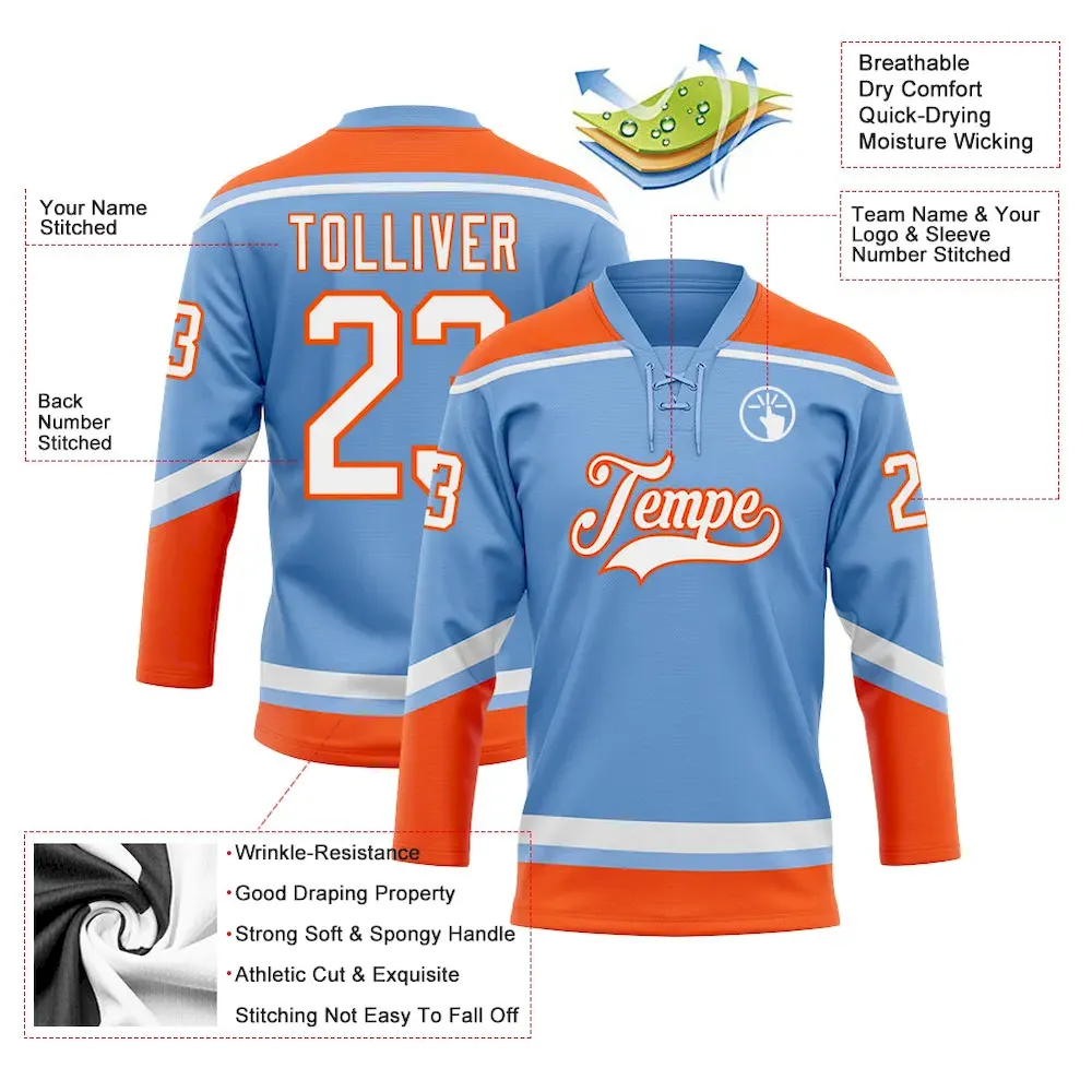Custom Light Blue White-Orange Hockey Lace Neck Jersey - Image 3