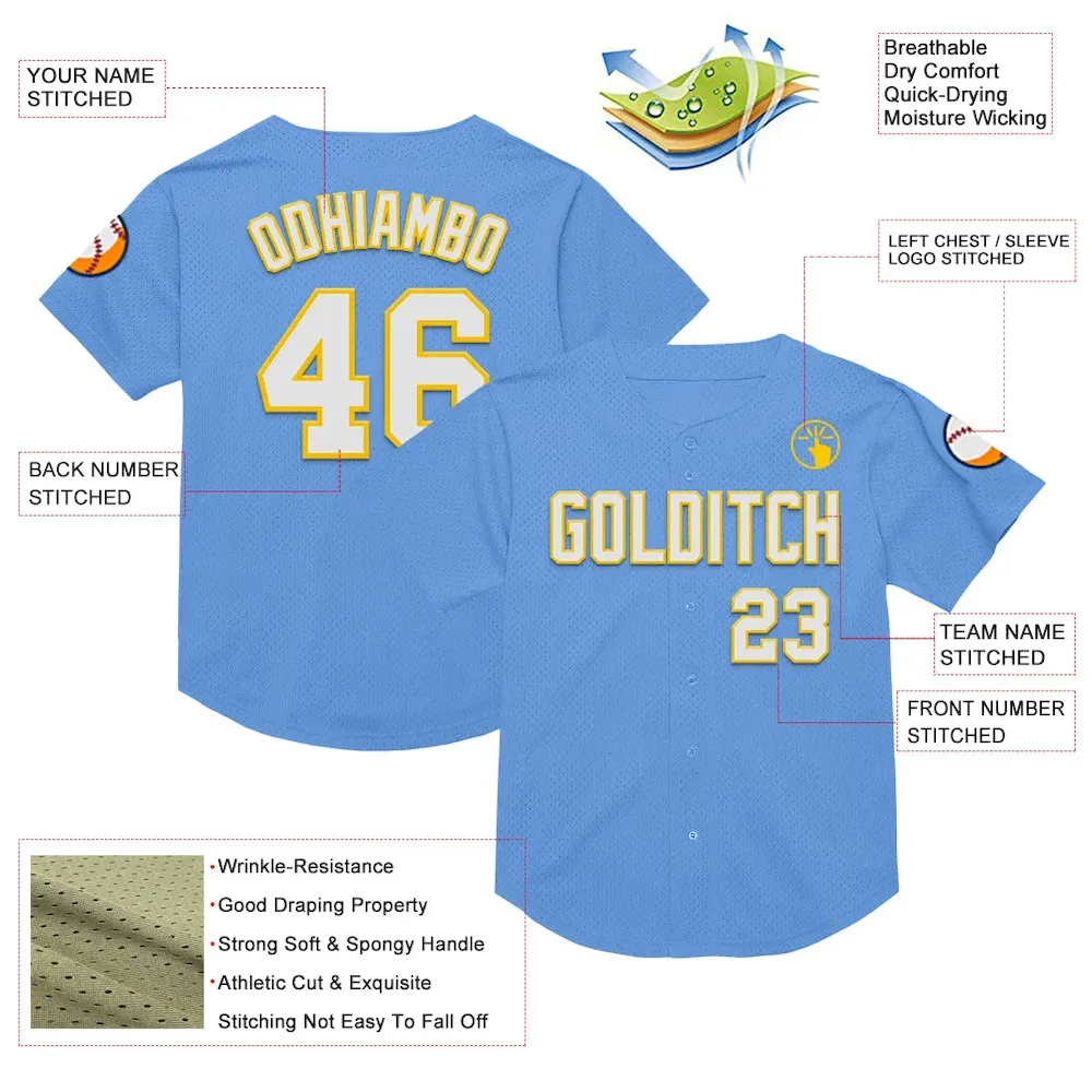 Custom Light Blue White-Yellow Mesh Authentic Throwback Baseball Jersey - Image 3