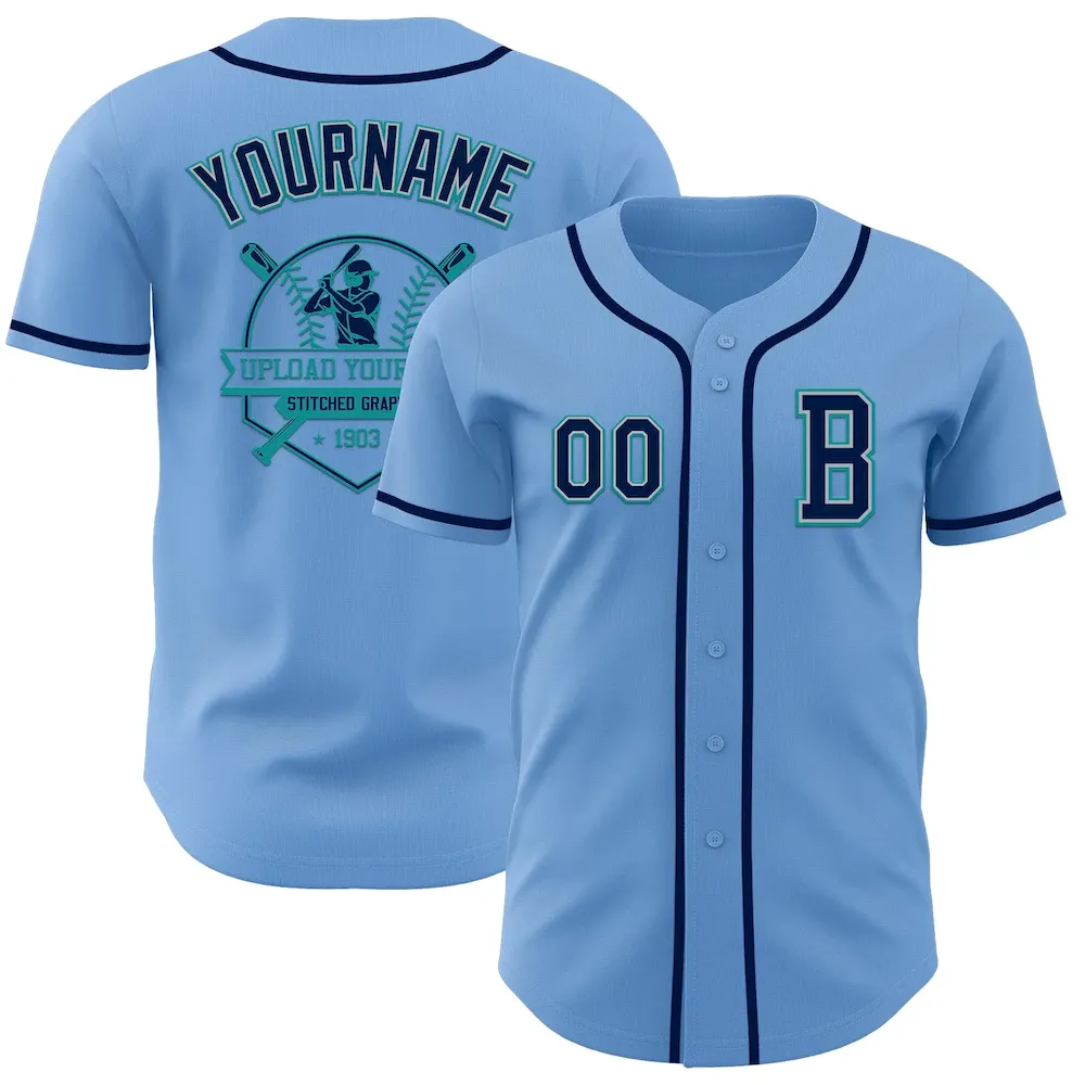 Custom Light Blue Navy Gray-Teal Authentic Baseball Jersey - Image 5