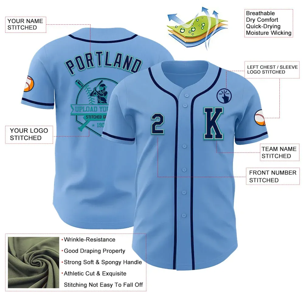 Custom Light Blue Navy Gray-Teal Authentic Baseball Jersey - Image 6