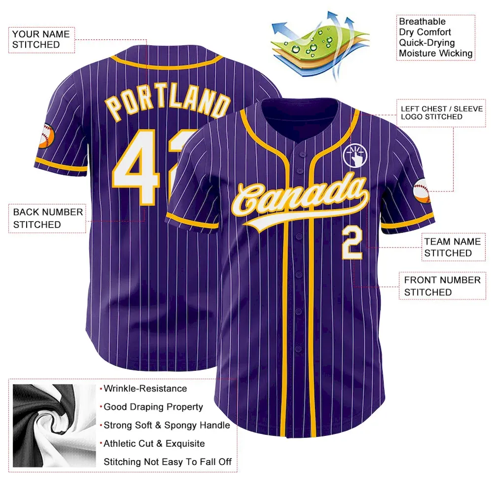 Custom Purple White Pinstripe Gold Authentic Baseball Jersey - Image 3