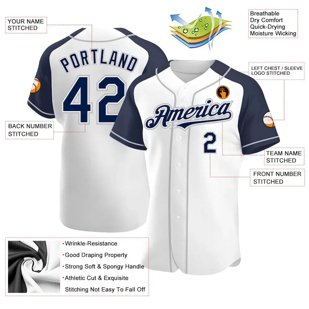Custom White Navy-Gray Authentic Raglan Sleeves Baseball Jersey - Image 3