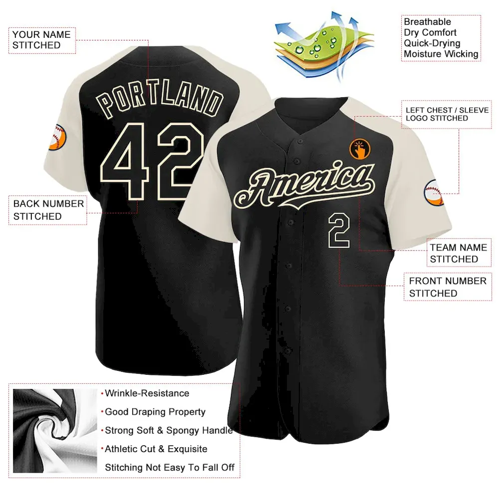 Custom Black Cream Authentic Raglan Sleeves Baseball Jersey - Image 3