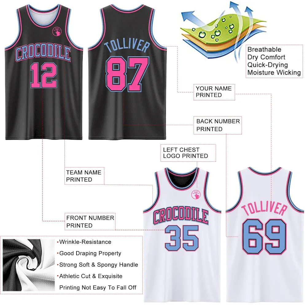 Custom Reversible Black Pink-Light Blue Double Side Basketball Jersey - Image 5