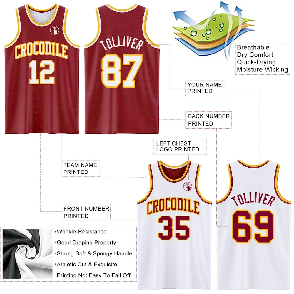 Custom Reversible Maroon White-Gold Double Side Basketball Jersey - Image 5