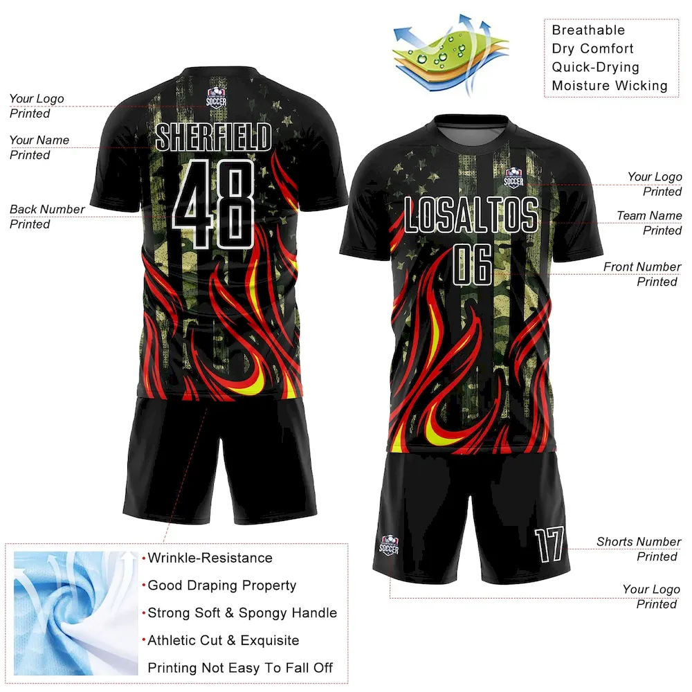 Custom Camo Black Red-Gold Flame Sublimation Salute To Service Soccer Uniform Jersey - Image 4
