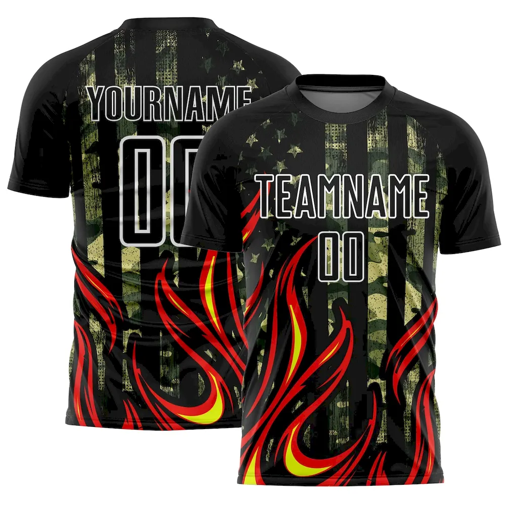 Custom Camo Black Red-Gold Flame Sublimation Salute To Service Soccer Uniform Jersey