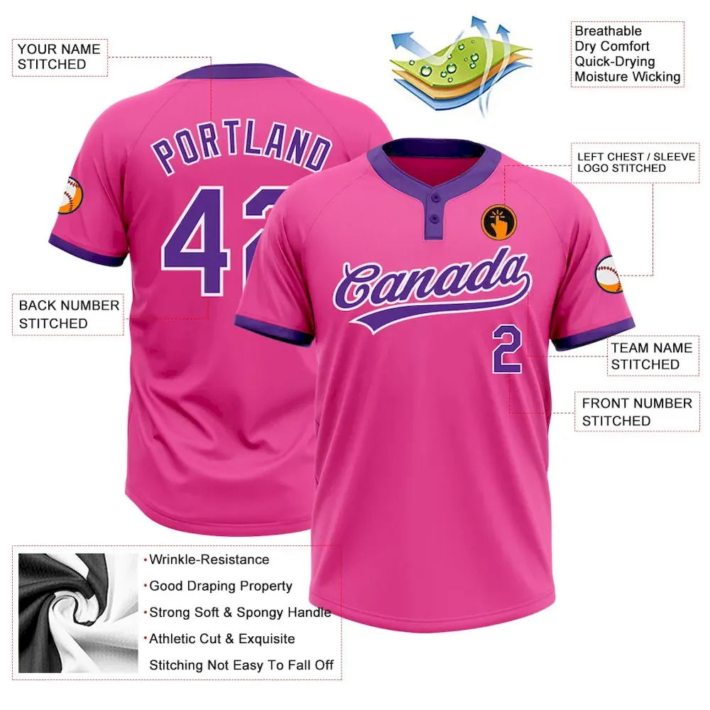 Custom Pink Purple-White Two-Button Unisex Softball Jersey - Image 3