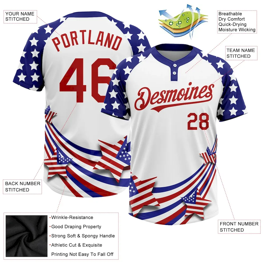 Custom White Red-Navy 3D American Flag Fashion Two-Button Unisex Softball Jersey - Image 3