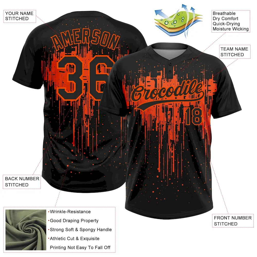 Custom Black Orange 3D Pattern Dripping Splatter Art Two-Button Unisex Softball Jersey - Image 3