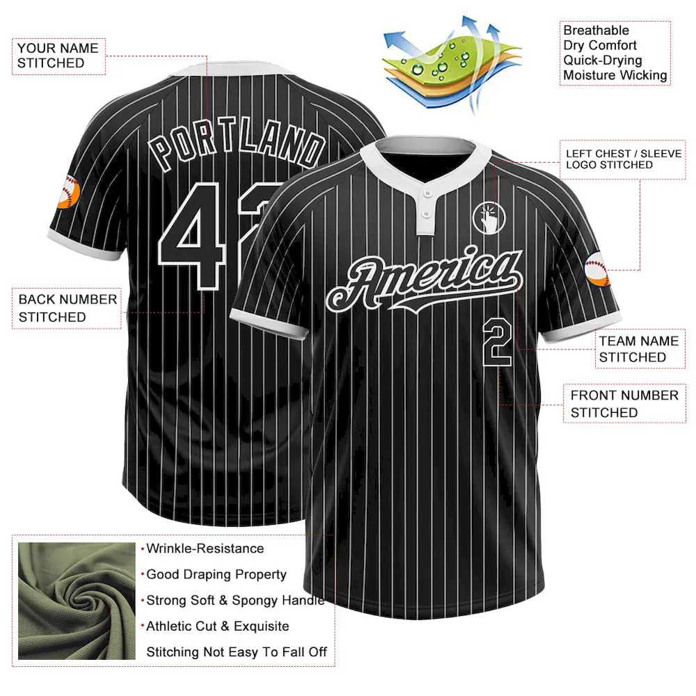 Custom Black White Pinstripe White Two-Button Unisex Softball Jersey - Image 3