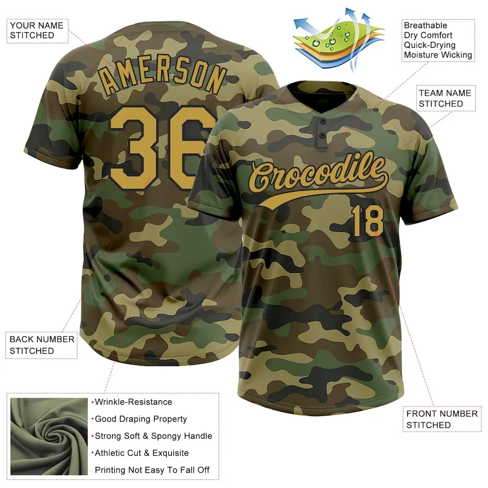 Custom Camo Old Gold-Black Salute To Service Two-Button Unisex Softball Jersey - Image 3
